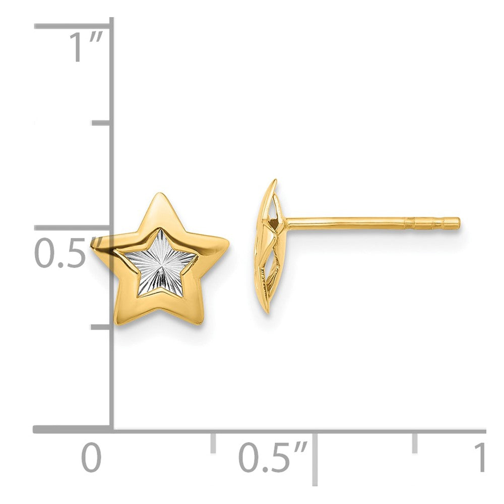 14K and White Rhodium Polished Diamond-cut Star Post Earrings