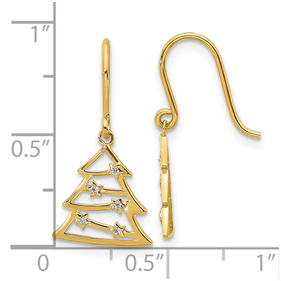 14k Polished CZ Christmas Tree French Hook Dangle Earrings