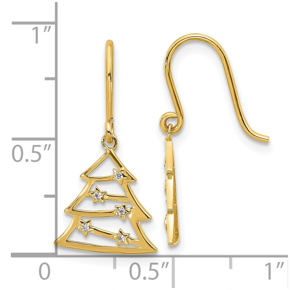 14k Polished CZ Christmas Tree French Hook Dangle Earrings