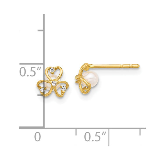 14K CZ and Freshwater Cultured Pearl Clover Post Earrings