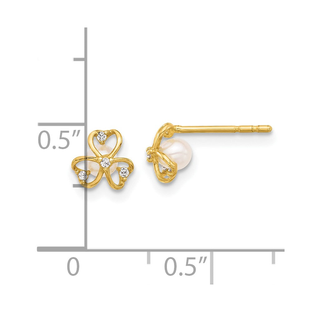 14K CZ and Freshwater Cultured Pearl Clover Post Earrings