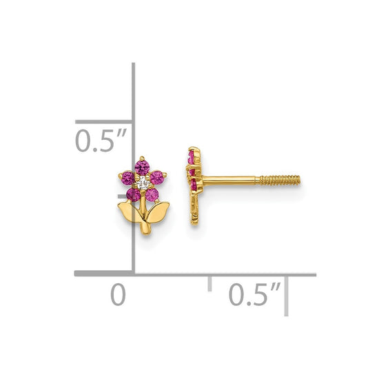 14K Polished Dark Pink and White CZ Flower Screwback Post Earrings