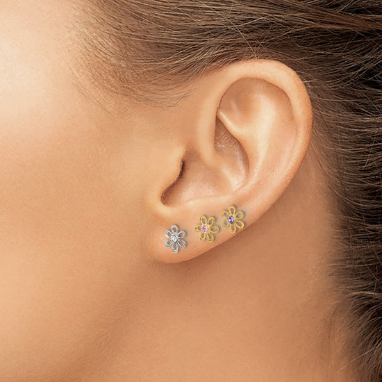 14K Yellow and White Gold Multi-color CZ Flower 3-pair Post Earring Set