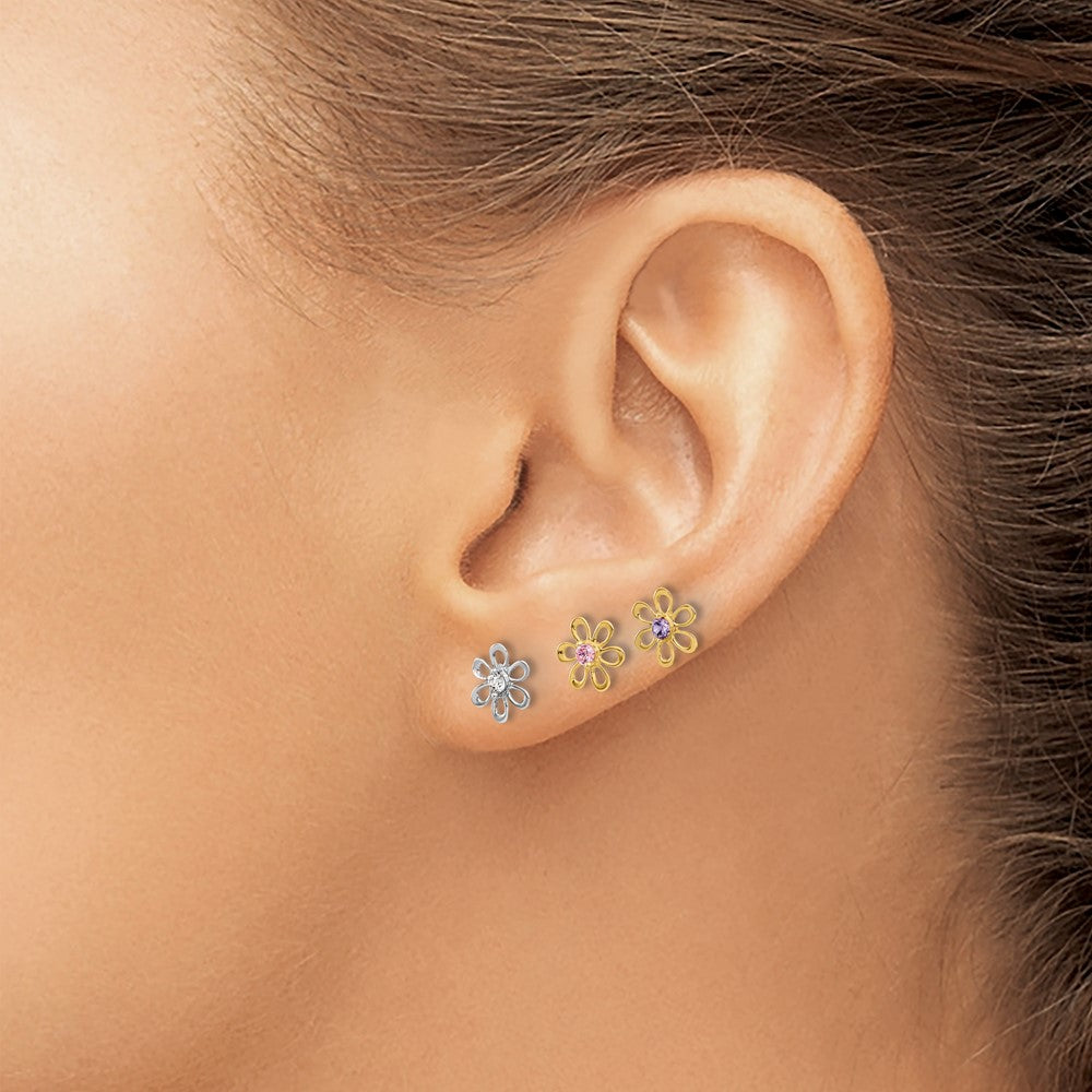 14K Yellow and White Gold Multi-color CZ Flower 3-pair Post Earring Set