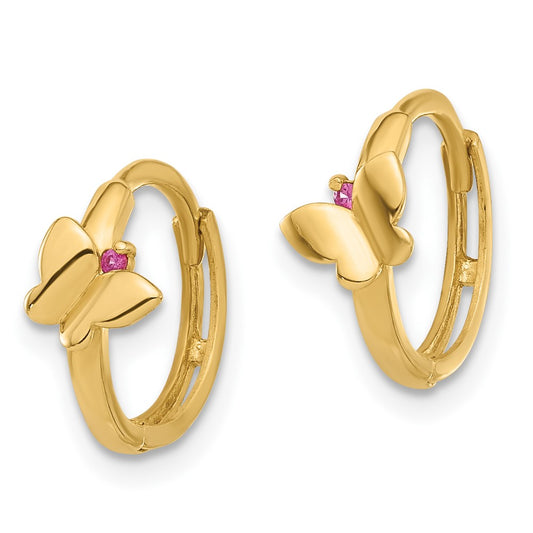 14K Polished Pink CZ Butterfly Round Hinged Hoop Earrings