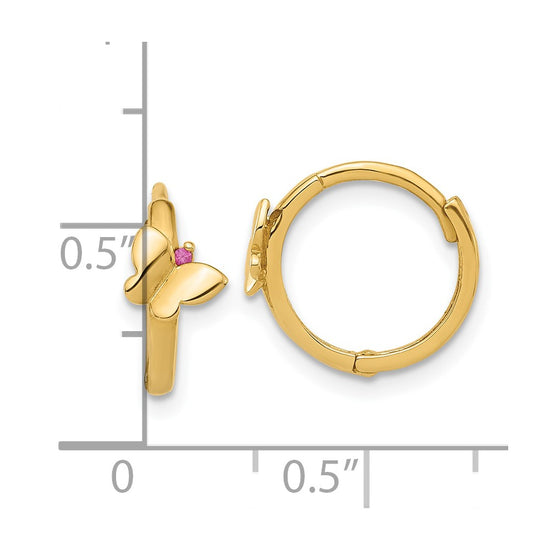 14K Polished Pink CZ Butterfly Round Hinged Hoop Earrings