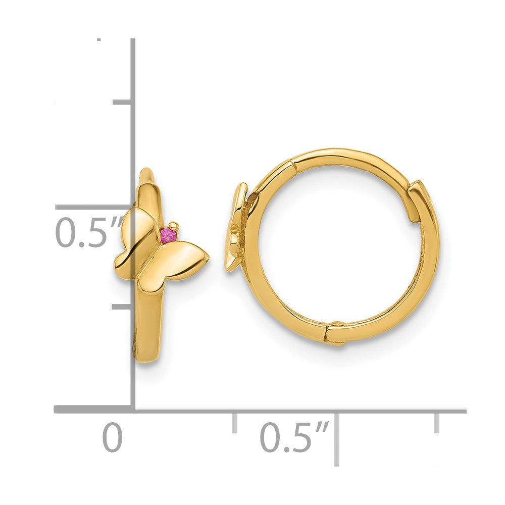 14K Polished Pink CZ Butterfly Round Hinged Hoop Earrings