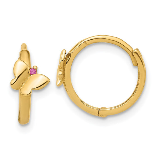 14K Polished Pink CZ Butterfly Round Hinged Hoop Earrings