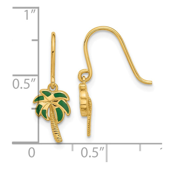 14k Polished Green Enameled Palm Tree Dangle French Hook Earrings