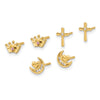 14K Polished Clear and Pink CZ Moon/Cross/Crown 3-Pair Post Earring Set