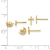 14K Polished Clear and Pink CZ Moon/Cross/Crown 3-Pair Post Earring Set