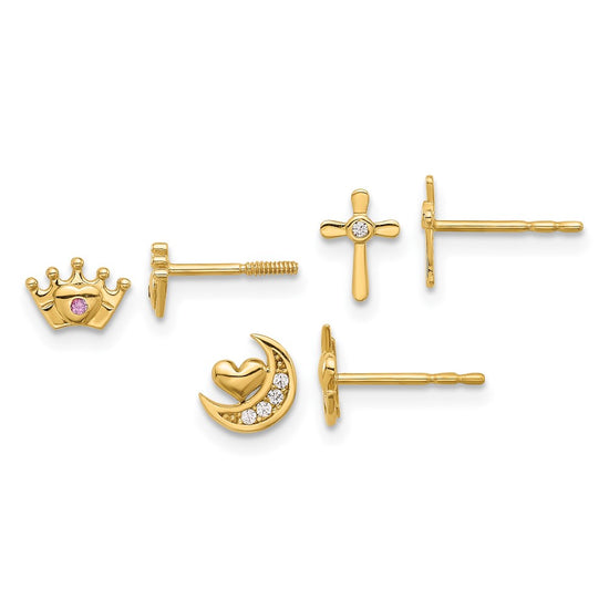 14K Polished Clear and Pink CZ Moon/Cross/Crown 3-Pair Post Earring Set
