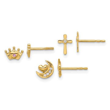 14K Polished Clear and Pink CZ Moon/Cross/Crown 3-Pair Post Earring Set
