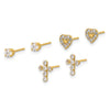 14K Polished 3mm CZ/Cross/Heart 3-Pair Post Earring Set