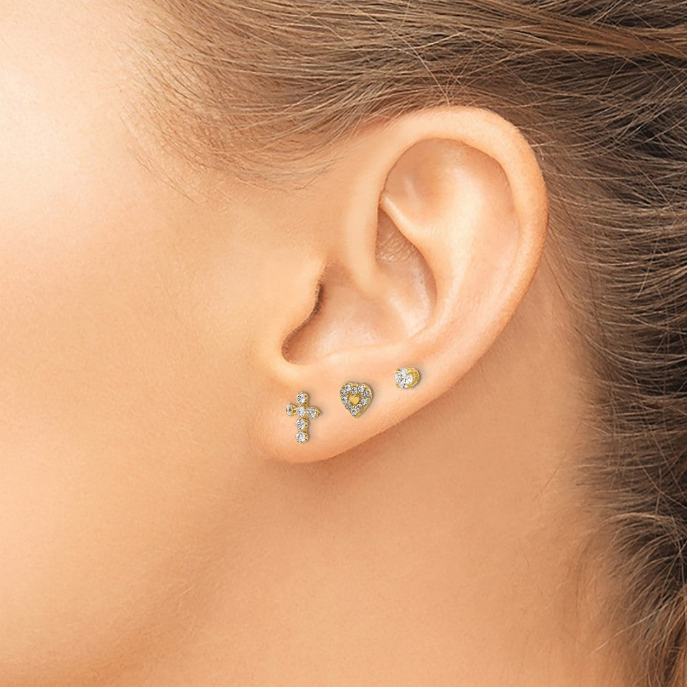 14K Polished 3mm CZ/Cross/Heart 3-Pair Post Earring Set
