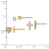 14K Polished 3mm CZ/Cross/Heart 3-Pair Post Earring Set