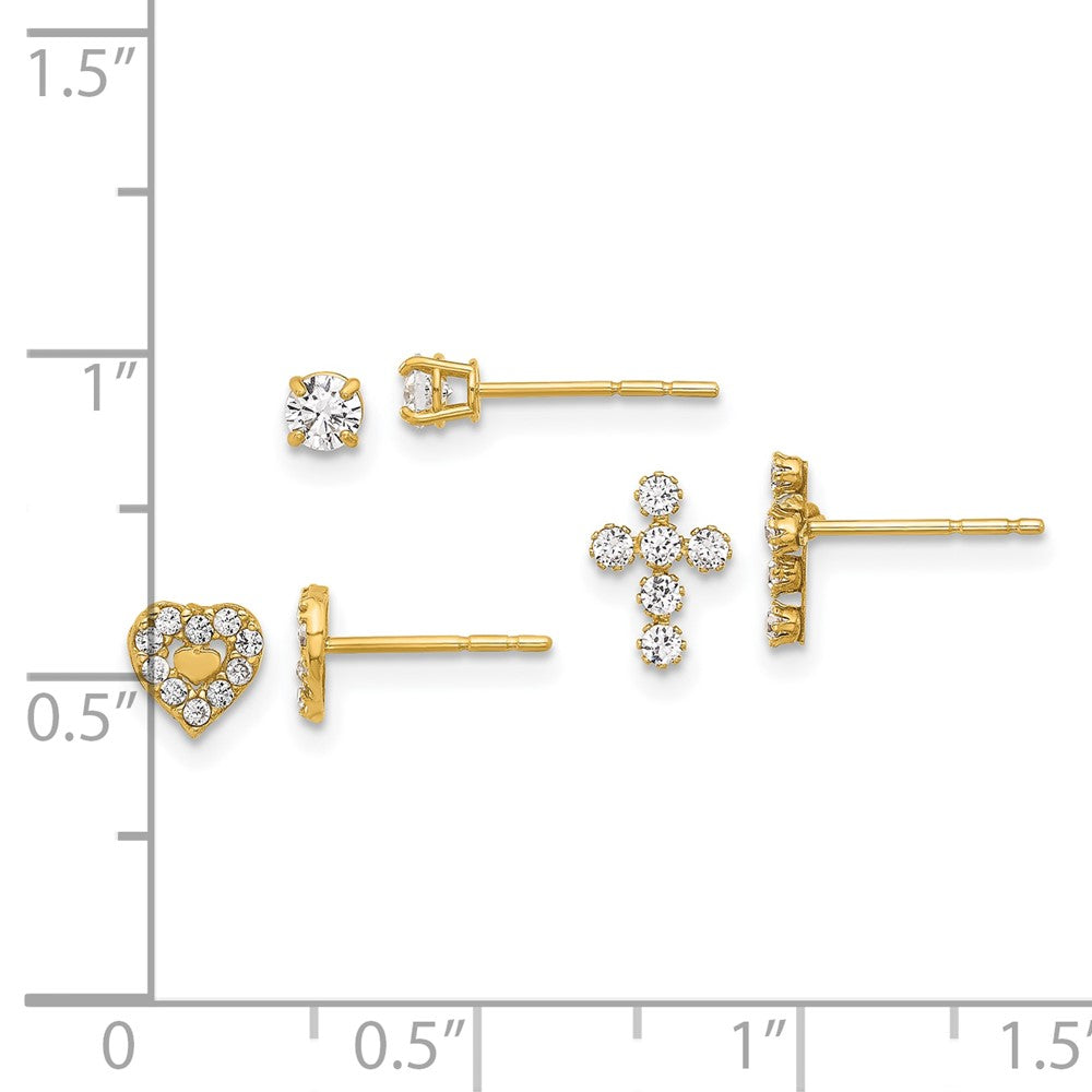 14K Polished 3mm CZ/Cross/Heart 3-Pair Post Earring Set