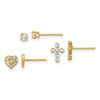 14K Polished 3mm CZ/Cross/Heart 3-Pair Post Earring Set