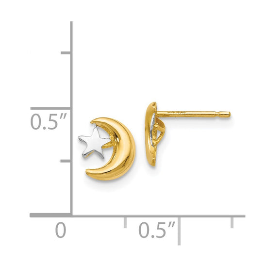 14k and White Rhodium Polished Moon and Star Post Earrings