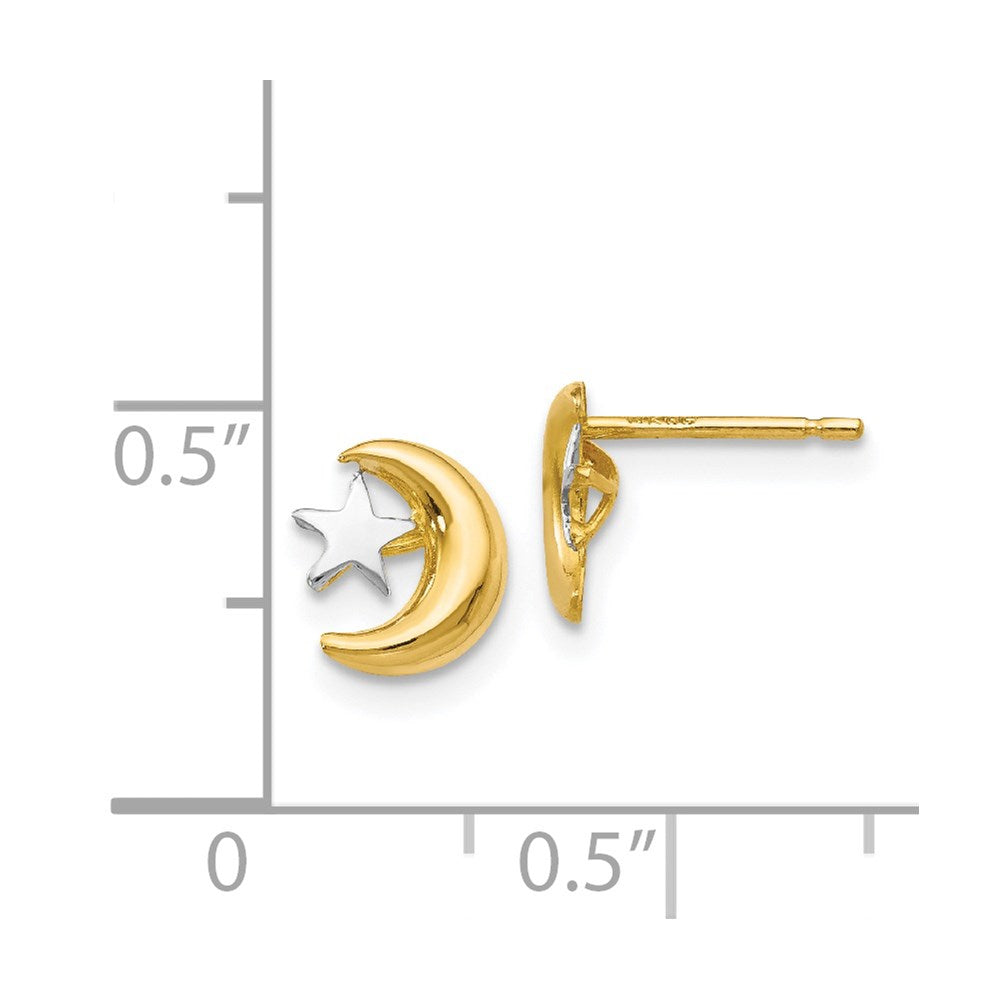 14k and White Rhodium Polished Moon and Star Post Earrings
