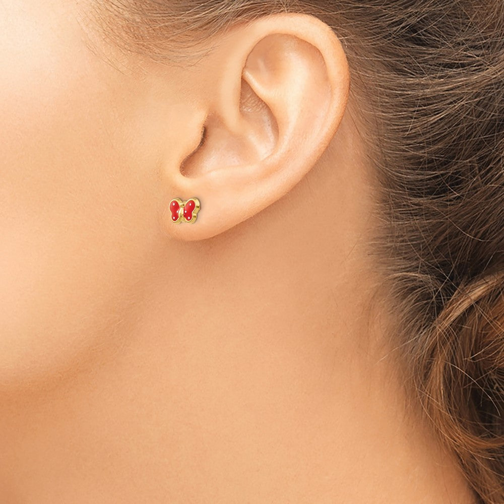 14k Red and White Enameled Butterfly Post Earrings