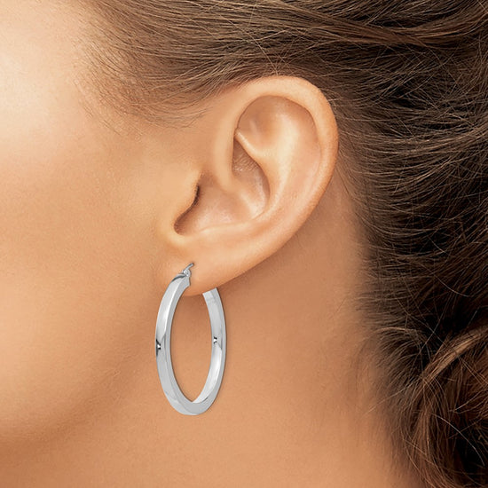14k White Gold 3x35mm Polished Square Tube Hoop Earrings