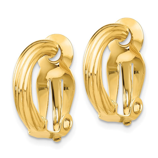 14k 3x16mm Ribbed Half Hoop Omega Back Non-Pierced Earrings