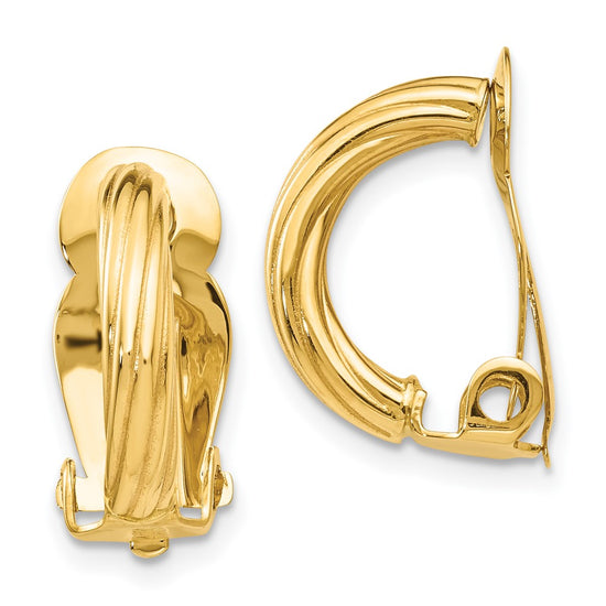 14k 3x16mm Ribbed Half Hoop Omega Back Non-Pierced Earrings