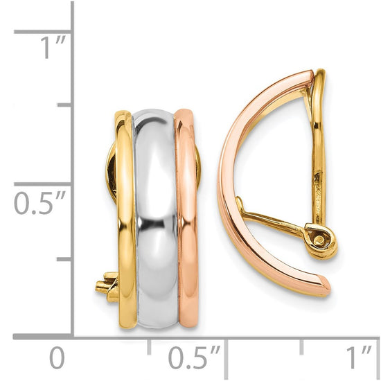 14k Tri-color 7x18mm Polished Half Hoop Omega Back Non-pierced Earrings