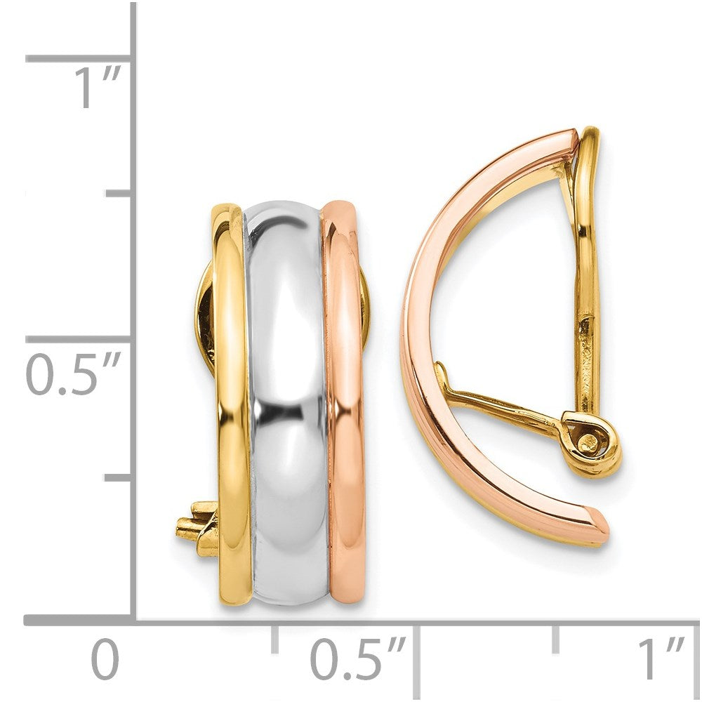 14k Tri-color 7x18mm Polished Half Hoop Omega Back Non-pierced Earrings